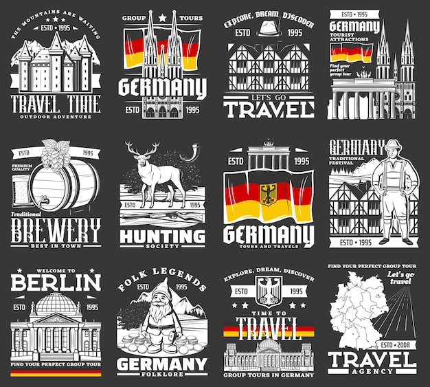 Travel to germany vector icons german landmarks