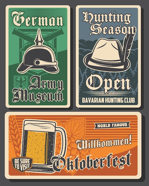 Viaggio in banner retrò di vettore di germania. museo dell'esercito tedesco, club di caccia bavarese, oktoberfest. tour a berlino e baviera, festa della birra. set di carte d'epoca di tradizione storica servizio di agenzia di viaggio