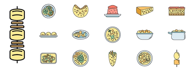 Travel greece food icons set vector color line