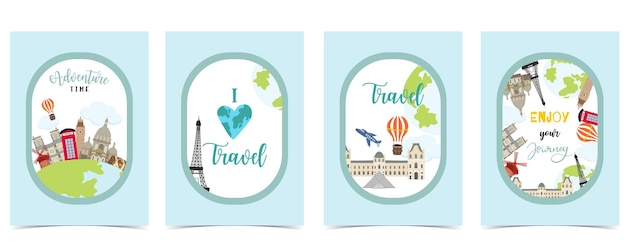 Travel greeting card with luggageairplanebus and world