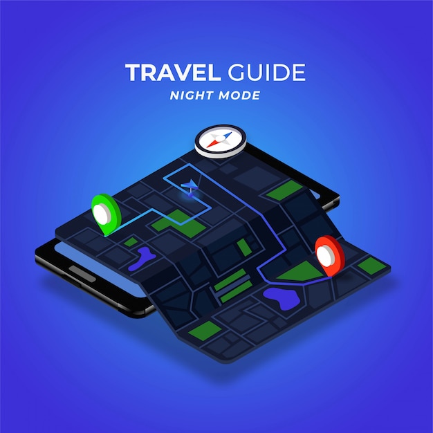 Vector travel guide digital map night mode isometric illustration