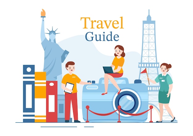 Guida di viaggio e tour con la visualizzazione di luoghi interessanti per la pianificazione delle vacanze nell'illustrazione piatta