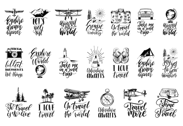 Vector travel hand lettering quote set touristic symbols