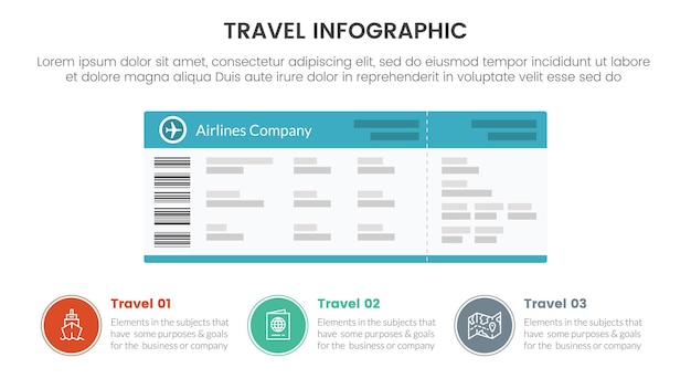 travel holiday infographic with 3 point stage template with ticket paper and circle point at bottom for slide presentation