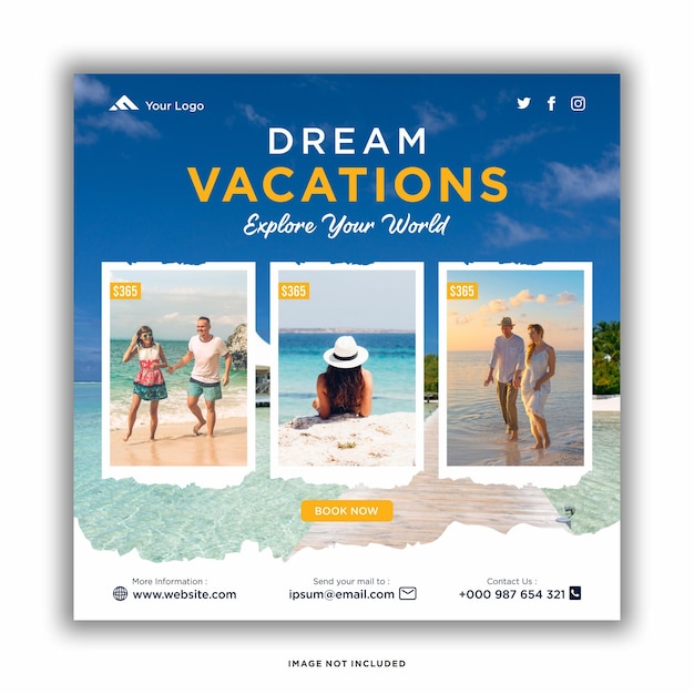 Banner web post sui social media per le vacanze di viaggio