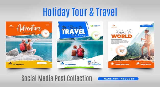 Путешествие, отпуск, отпуск, социальные сети, квадратный веб-баннер, шаблон дизайна