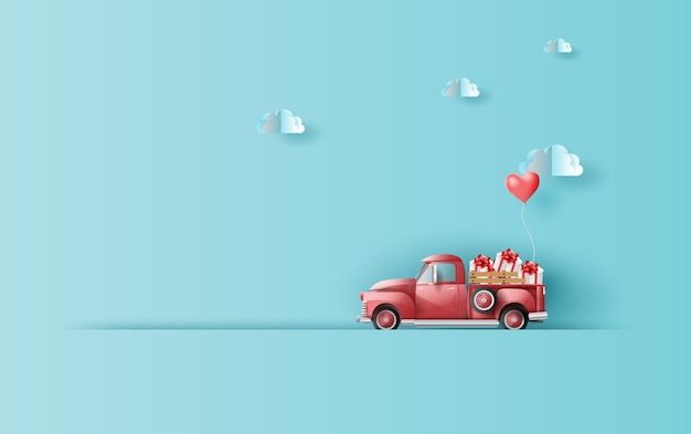 Viaggia in vacanza con il classico camioncino rosso pickup d'epoca con confezione regalo balloon