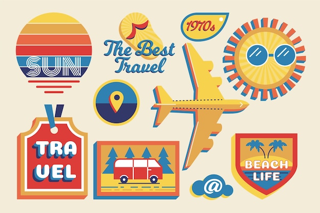 Vector travel/holidays sticker set in 70s style