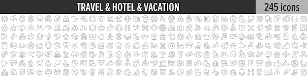 Vector travel hotel and vacation linear icon collection