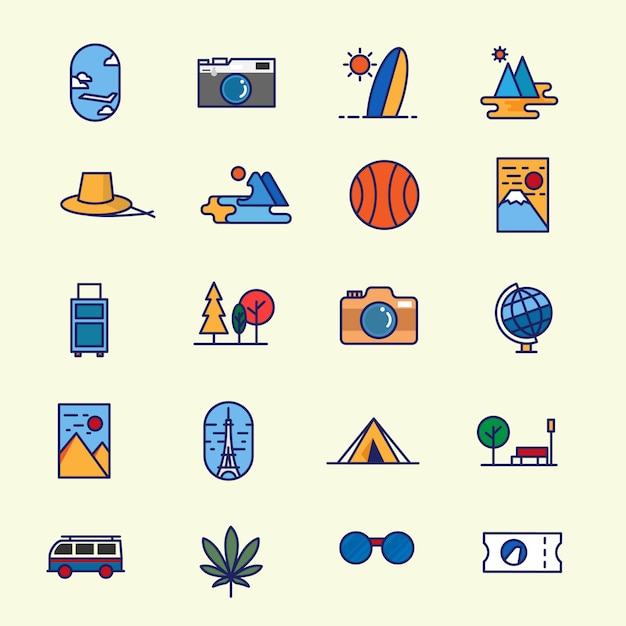 Set di icone di viaggio-set di icone di turismo linea piatta in viaggio in molti stile moderno minimal