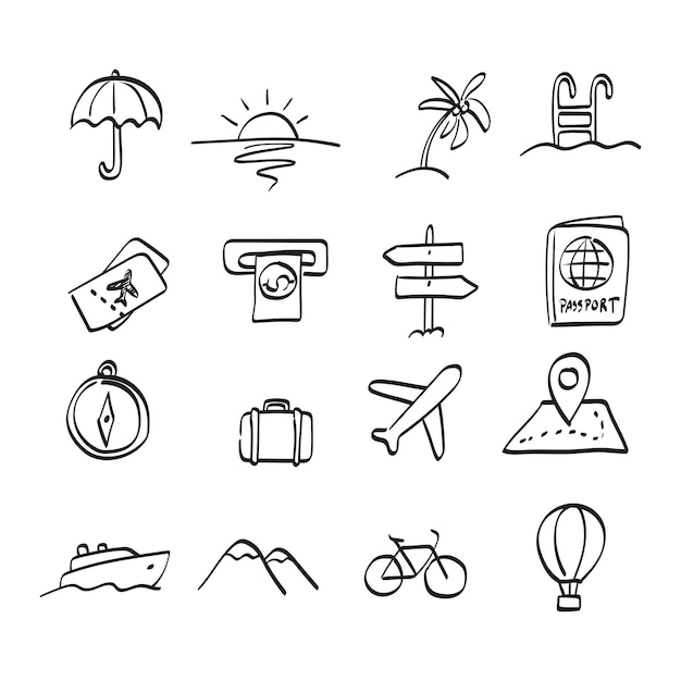 Vector travel icon set illustration vector hand drawn isolated on white background line art