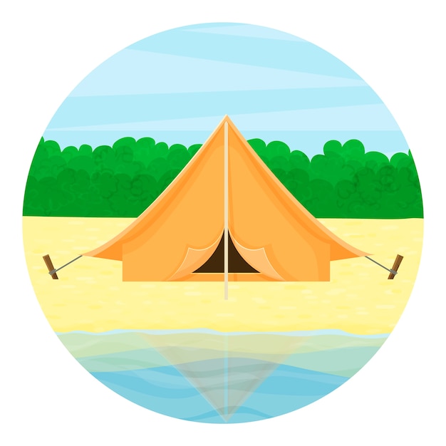 Travel icon. tourist tent on the lake, against the background of the forest. summer landscape.