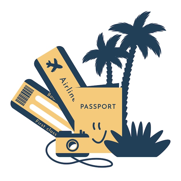 Значок путешествия с билетами на самолет, паспорт, камера, пальма, концепция путешествия по воздуху, вектор