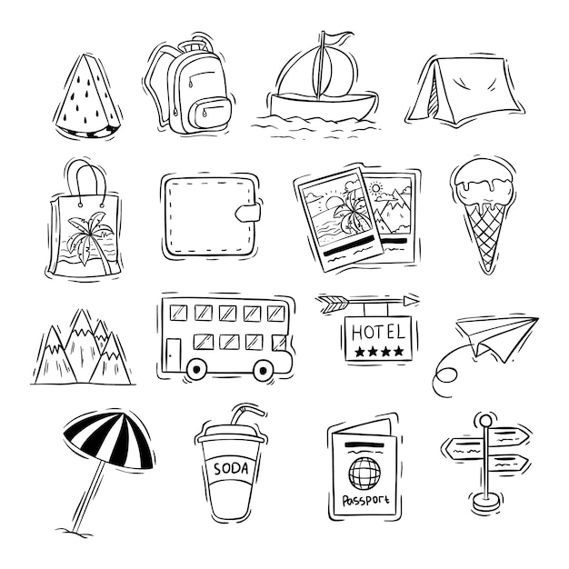 Travel icons collection with black and white doodle or hand drawn style