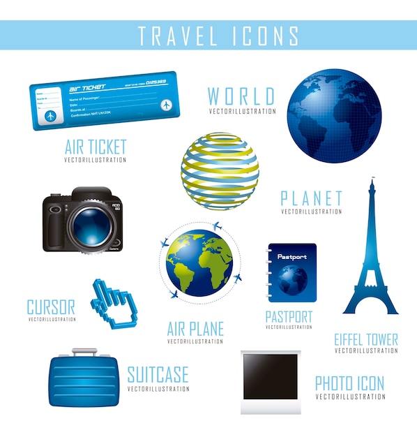 Icone di viaggio isolato su bianco backgroundvector illustrazione