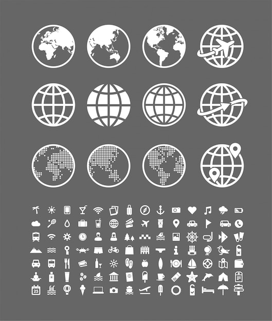 Travel icons set. abstract world globe vector signs collection. travel and vacation symbols