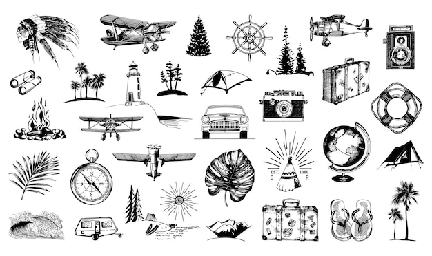 Vettore le icone di viaggio impostano simboli disegnati per avventure all'aria aperta