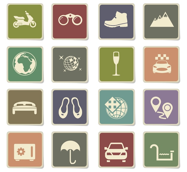 Travel icons on square paper stickers with shadow