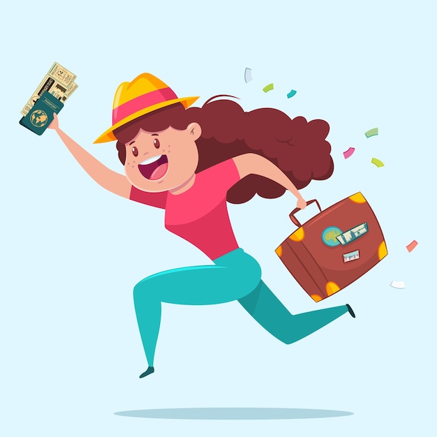 Иллюстрация путешествия с забавной девушкой с чемоданом, паспортом и посадочными талонами. Женщина туристический мультипликационный персонаж.
