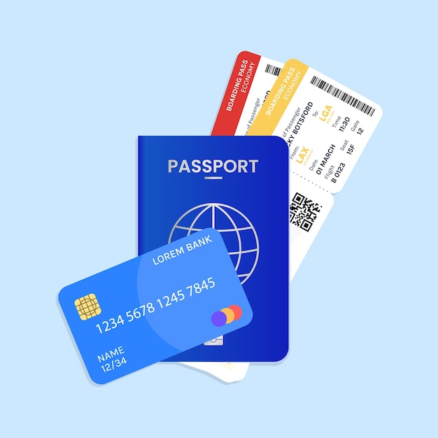travel illustration with passport flight tickets and credit card for trip planning