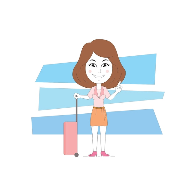 Vector travel illustration. a young beautiful girl with a suitcase isolated on white background.