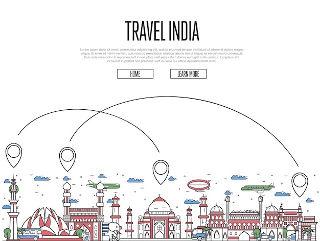 Vector travel india web template in linear style