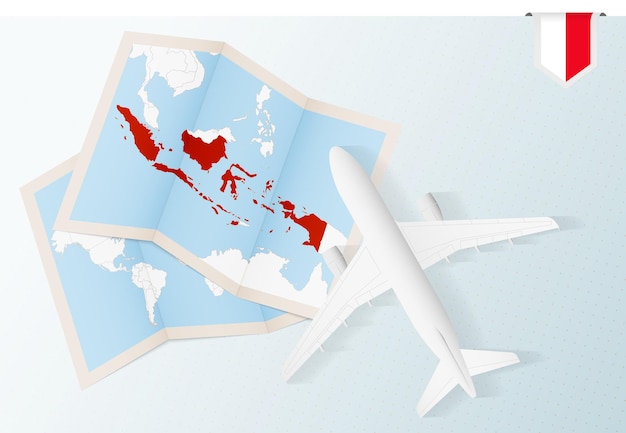 Viaggio in indonesia, aereo vista dall'alto con mappa e bandiera dell'indonesia.