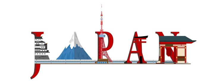 Vector トラベルインフォグラフィック。日本のインフォグラフィック、日本のレタリング、有名なランドマーク。