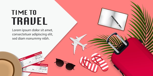 Travel infographic, time to travel illustration with travel items on pink background