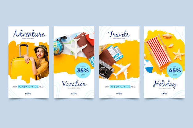 Vector travel instagram story collection with brush strokes