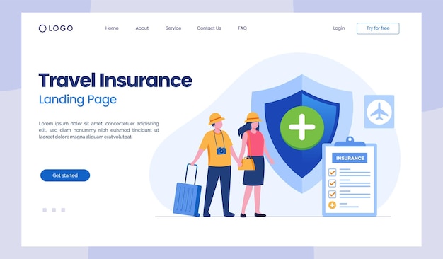 Travel insurance protection concept umbrella healthcare landing page flat illustration vector template