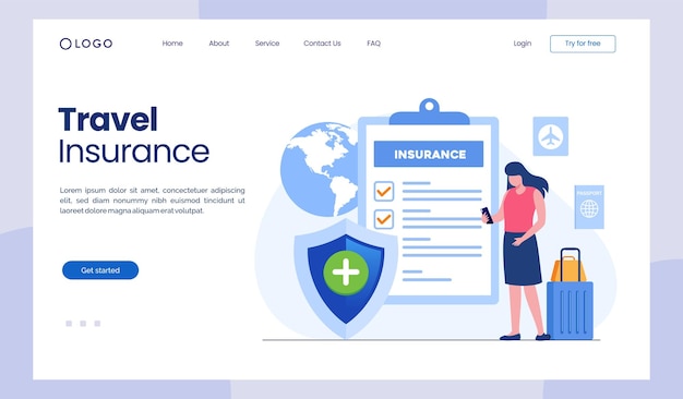 Vector travel insurance protection shield or umbrella protect policy landing page flat illustration vector landing page