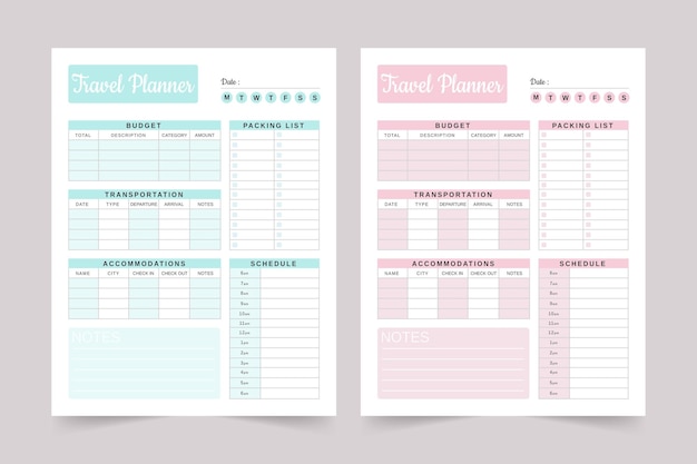 Vector travel itinerary planner printable planner logbook journal tracker kdp interior design template