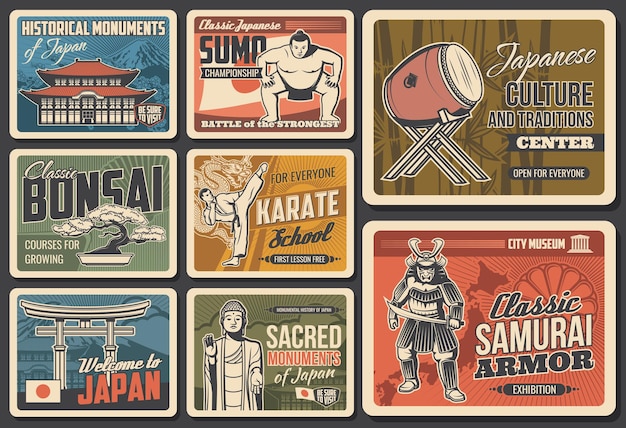 Travel to Japan vector retro posters, Japanese culture and tradition, famous landmarks, sightseeing, touristic attractions. Asian tours to historical monuments, sumo championship and music concert