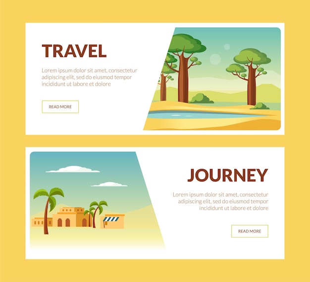 Viaggio banner orizzontali set vacanze estive avventura illustrazione vettoriale web design