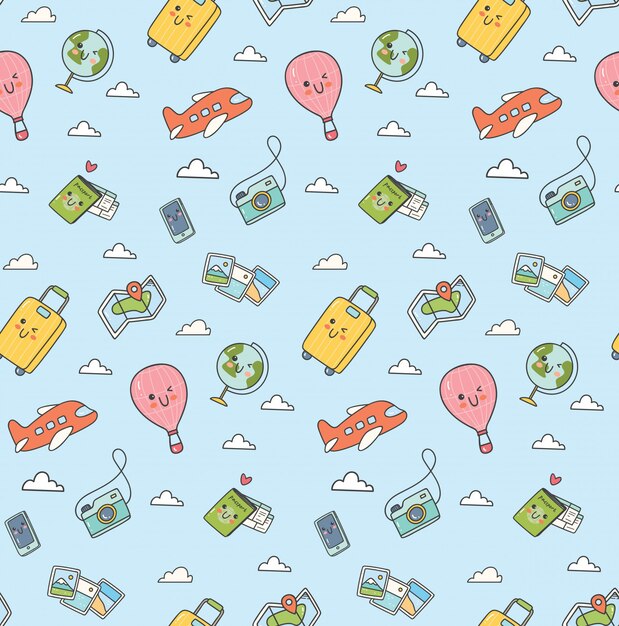 Vettore viaggio kawaii doodle seamless pattern