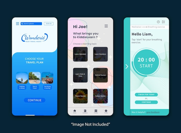 Vector travel and kids learning and meditation single mobile app ui design template