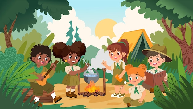 Travel kids with backpacks Camping adventure Children in forest Outdoor recreation Boy and girl scout Hiking journey Tent and bonfire Tourists cooking at campfire Vector background