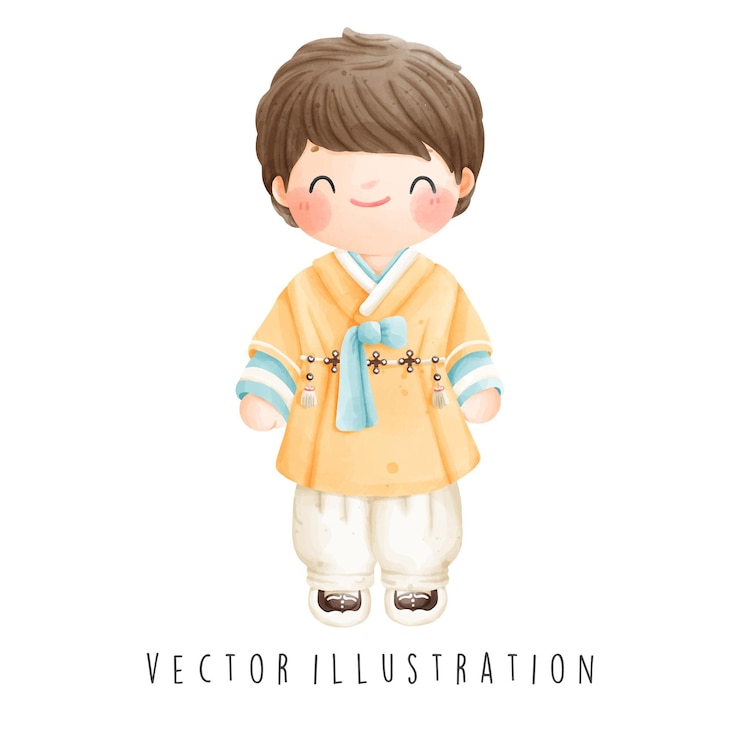Vector 한국 소년 터 일러스트레이션의 한국 여행 컬렉션 수채화.
