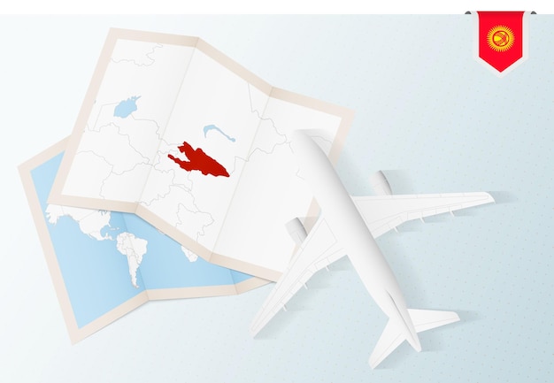 Travel to kyrgyzstan, top view airplane with map and flag of kyrgyzstan.