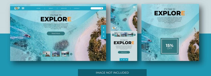 Travel Landing Page Веб-сайт экрана приложений и социальных сетей Публикация шаблона с Beach Photo Preview.
