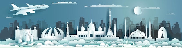 Vector travel landmark pakistan with ancient monument and modern building skyline in paper cut style