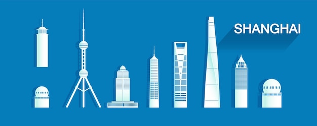 Travel landmarks Shanghai with isolated silhouette architecture on blue background