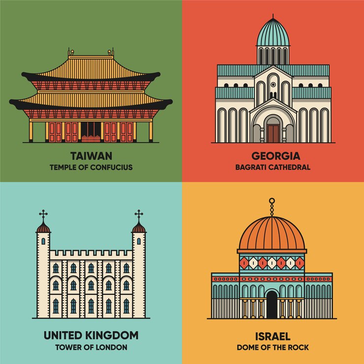 Vector travel landscapes set with different landmarks scenes. taiwan - temple of confucius, georgia - bagrati cathedral, united kingdom - tower of london, israel - dome of the rock