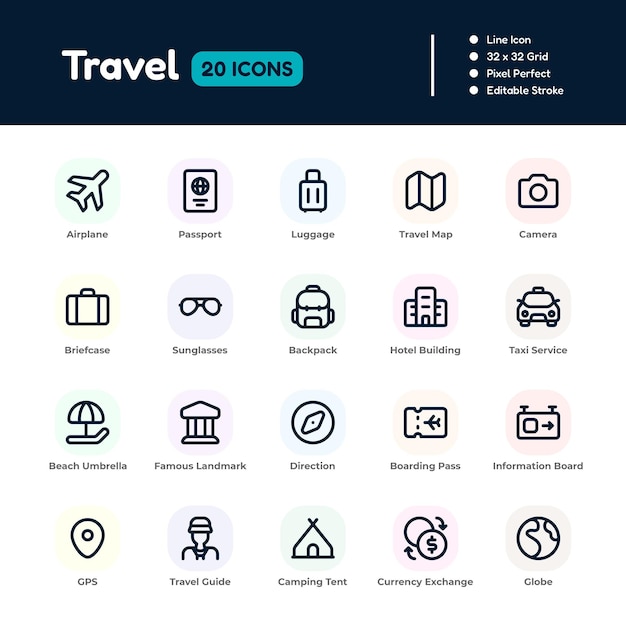 Travel Line Icon Set Пиксель Идеальный редактируемый векторный дизайн штрихов