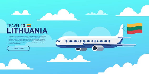 Travel to Lithuania poster with flying plane and national flag Banner for travel agency Vector illustration