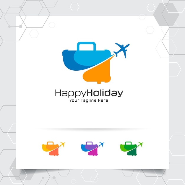 Travel logo design concept of an airplane with suitcase icon. Traveling and holiday vector