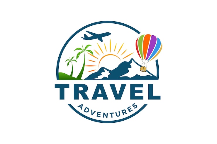 Vector travel logo holiday trip mountain view airplane and hot air balloon tour
