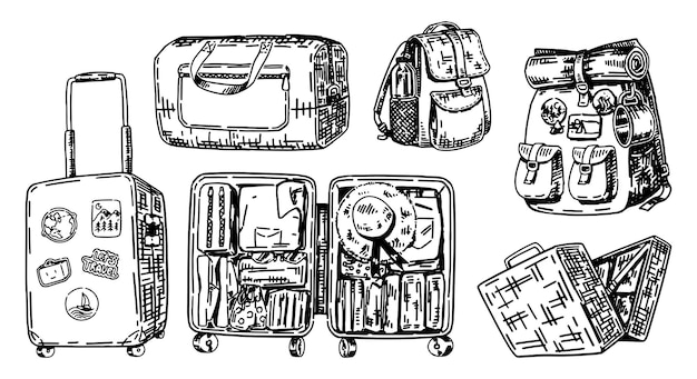 旅の荷物のドゥードルコレクション スケッチ スーツケース バックパック ハンドバッグ ベクトルイラスト