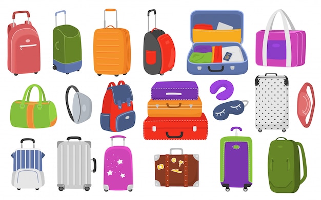 Travel luggage set for vacation and journey    illustration. Plastic, metal suitcases, backpacks, bags for luggage. Travel suitcases with wheels, travel bag, trip baggage, tourism.